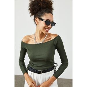 XHAN Women's Khaki Boat Collar Camisole Blouse with Shirring Detail