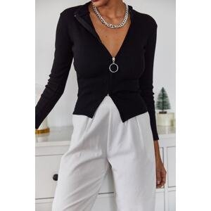 XHAN Women's Black Zippered Asymmetrical Blouse