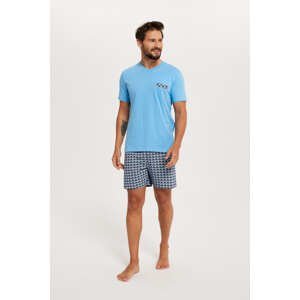 Pánské pyžamo Jaromír, krátký rukáv, krátké kalhoty - modrá/potisk