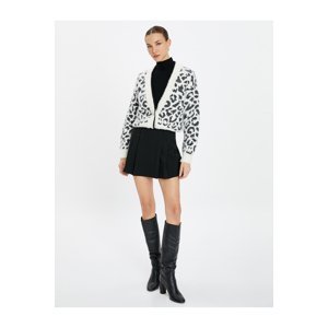 Koton Leopard Patterned Cardigan With Stones and Buttons V-neck