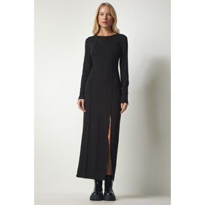 Happiness İstanbul Women's Black Slit Stitched Long Viscose Dress