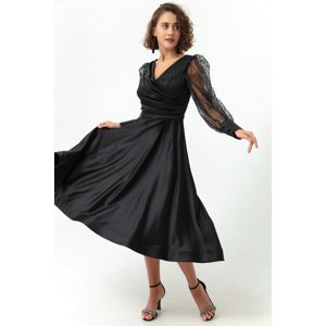 Lafaba Women's Black Double Breasted Neck Silvery Midi Satin Evening Dress