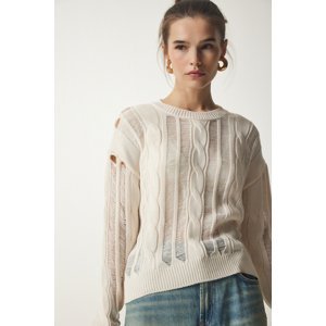 Happiness İstanbul Women's Cream Torn Detailed Knitwear Sweater