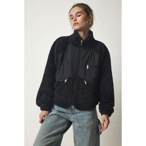 Happiness İstanbul Women's Black Zippered Plush Jacket Coat