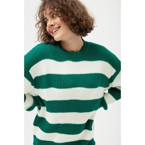 Lafaba Women's Emerald Green Crew Neck Striped Knitwear Sweater