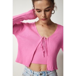 Happiness İstanbul Women's Pink Corduroy Sweater Crop Cardigan Suit