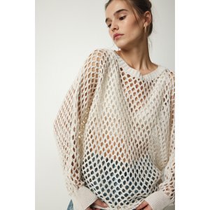 Happiness İstanbul Women's Cream Bat Sleeve Openwork Knitwear Sweater