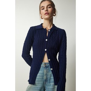 Happiness İstanbul Women's Navy Blue Polo Collar Knitted Sweater Cardigan