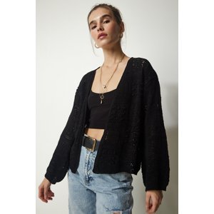 Happiness İstanbul Women's Black Textured Knitwear Cardigan with openwork