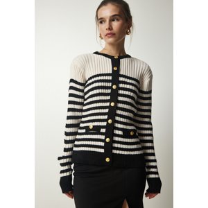 Happiness İstanbul Women's Cream Black Metal Button Detailed Striped Knitwear Cardigan