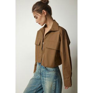 Happiness İstanbul Women's Light Brown Zippered Gabardine Crop Jacket