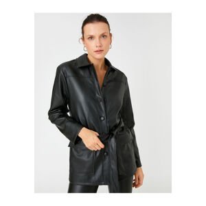 Koton Oversized Leather-Look Jacket with Shirt Collar With Belt