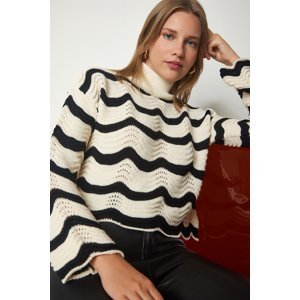 Happiness İstanbul Women's Cream Patterned Crop Knitwear Sweater