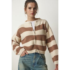 Happiness İstanbul Women's Cream Biscuit Zippered Striped Knitwear Cardigan