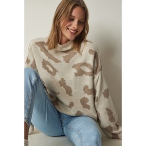 Happiness İstanbul Women's Cream Patterned High Neck Thick Knitwear Sweater