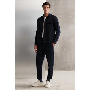 GRIMELANGE Walsh Men's Pique Look Special Fabric Stretchy Double Leg Corded Elastic Waist Navy Blue Trousers