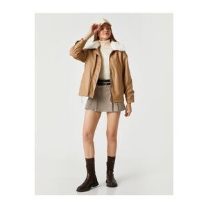 Koton Leather-Look Coat Collar with Faux Shearling Pocket Detailed.