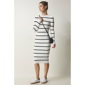 Happiness İstanbul Women's White Corded Striped Saran Knitwear Dress