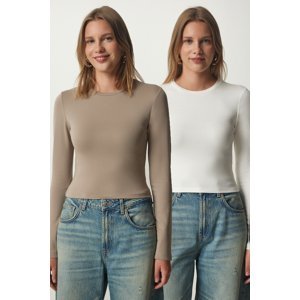 Happiness İstanbul Women's Mink Ecru Crew Neck Wrap 2-Pack Knitted Blouse