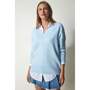 Happiness İstanbul Women's Sky Blue V-Neck Oversize Knitwear Sweater
