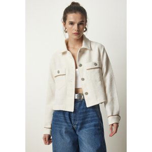 Happiness İstanbul Women's Cream Shiny Stone Short Jacket