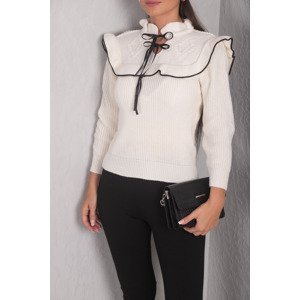armonika Women's Ecru Ruffle Collar Lace-Up Knitted Sweater Sweater