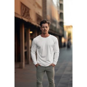 Trendyol White Men's Plus Size Comfy 100% Cotton Long Sleeved Regular/Regular Cut T-Shirt.