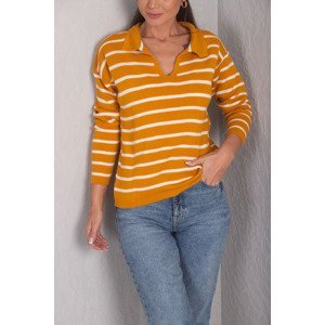 armonika Women's Mustard Striped Polo Neck Knitwear Sweater
