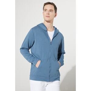 AC&Co / Altınyıldız Classics Men's Blue Standard Fit Normal Cut Hooded Zipper Sweatshirt Jacket.