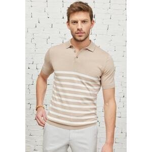 ALTINYILDIZ CLASSICS Men's Mink-ecru Standard Fit Regular Cut Polo Neck 100% Cotton Short Sleeves Striped Knitwear T-Shirt.