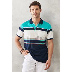ALTINYILDIZ CLASSICS Men's Navy-Mint Comfort Fit Comfort Fit Polo Neck Striped Casual T-Shirt