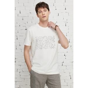ALTINYILDIZ CLASSICS Pánské bavlněné tričko s potiskem Ecru Slim Fit Slim Fit s kulatým výstřihem.