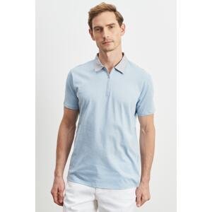 ALTINYILDIZ CLASSICS Men's Blue-white Slim Fit Narrow Cut Zippered Polo Neck Cotton T-Shirt
