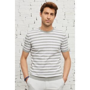 ALTINYILDIZ CLASSICS Men's White-gray Standard Fit Normal Cut Crew Neck Cotton Striped Knitwear T-Shirt.