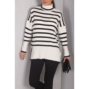 armonika Women's Ecru Turtleneck Stripe Knitwear Sweater