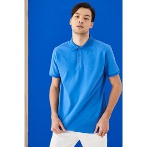 ALTINYILDIZ CLASSICS Men's Royal Blue 100% Cotton Roll-Up Collar Slim Fit Slim Fit Polo Neck Short Sleeved T-Shirt.