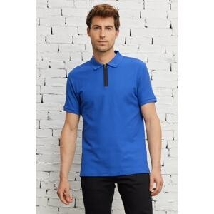 ALTINYILDIZ CLASSICS Men's Saxon Blue Slim Fit Slim Fit Polo Neck 100% Cotton Honeycomb Pattern Short Sleeved T-Shirt.