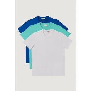 AC&Co / Altınyıldız Classics Men's White-turquoise-sax Slim Fit Narrow Cut Crew Neck Pack of 3 100% Cotton T-Shirts