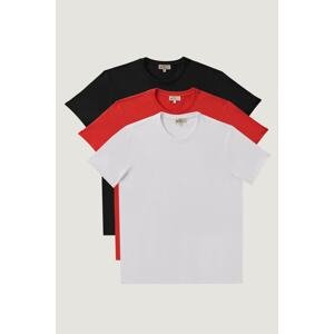 AC&Co / Altınyıldız Classics Men's White-red-black Slim Fit Narrow Cut Crew Neck Pack of 3 100% Cotton T-Shirts