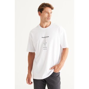 AC&Co / Altınyıldız Classics Men's Off-White Long Fit Slim Fit Crew Neck 100% Cotton Printed T-Shirt.