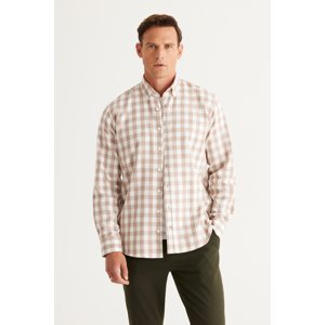 ALTINYILDIZ CLASSICS Men's Ecru-Brown Comfort Fit Flannel Lumberjack Shirt with Buttoned Collar.