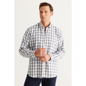 ALTINYILDIZ CLASSICS Men's Ecru-Navy Blue Comfort Fit Comfy Cut Buttoned Collar Flannel Lumberjack Shirt.