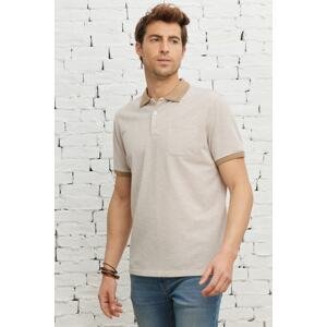 ALTINYILDIZ CLASSICS Men's Beige-white Comfort Fit Loose-fitting Polo Collar Cotton Jacquard T-Shirt with Pocket.