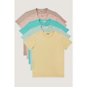 AC&Co / Altınyıldız Classics Men's Dusty Rose-turquoise-yellow-beige Melange-mint Slim Fit Narrow Cut Crew Neck 5-Piece T-Shirt Pack