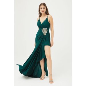Lafaba Women's Emerald Green Strappy Chest Draped Slit Long Evening Dress