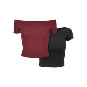 Dámské tričko Off Shoulder Rib Tee 2-balení červenovínové+černé