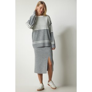 Happiness İstanbul Women's Gray Striped Sweater Skirt Knitwear Suit