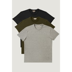 AC&Co / Altınyıldız Classics Men's Black-khaki-grey Melange Slim Fit Slim Fit Slim Fit Crew Neck 3 Pack 100% Cotton T-Shirt.