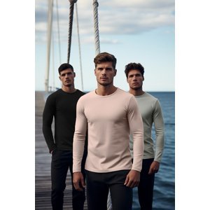 Trendyol Black-Grey-Dried Rose Men's Regular/Normal Cut Crew Neck Long Sleeve 3-Piece Basic Package T-Shirt
