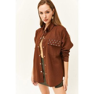 Olalook Women's Bitter Brown Pocket Stone Detailed Cotton Gabardine Jacket